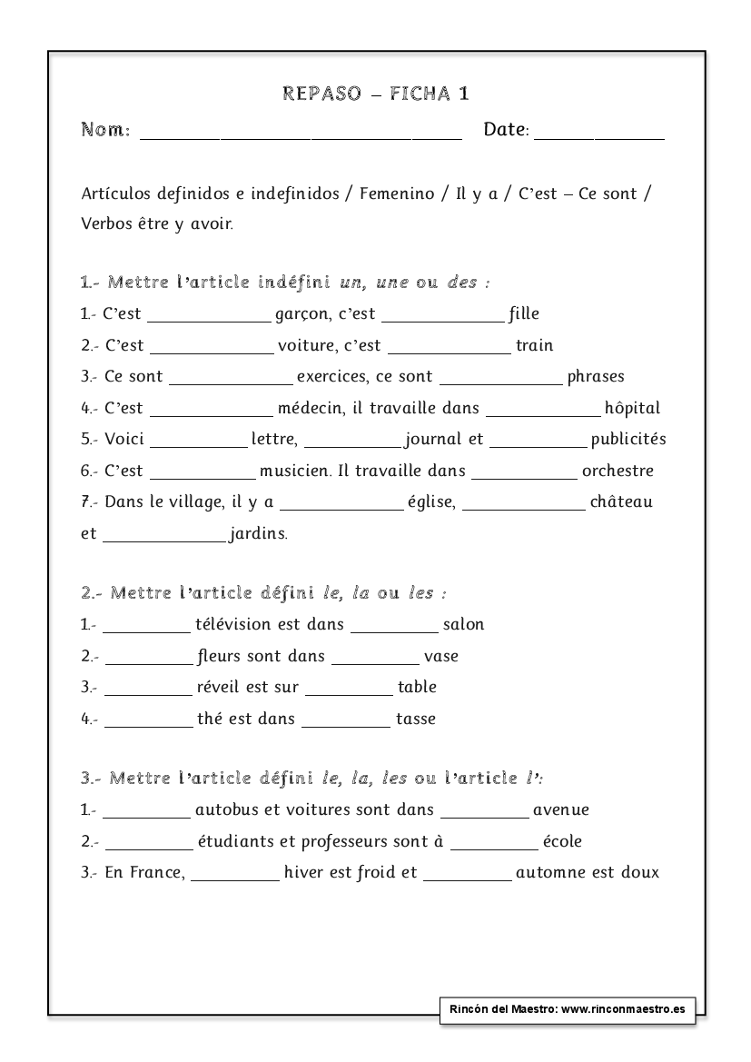 Les Articles Definis Et Indefinis Ce2