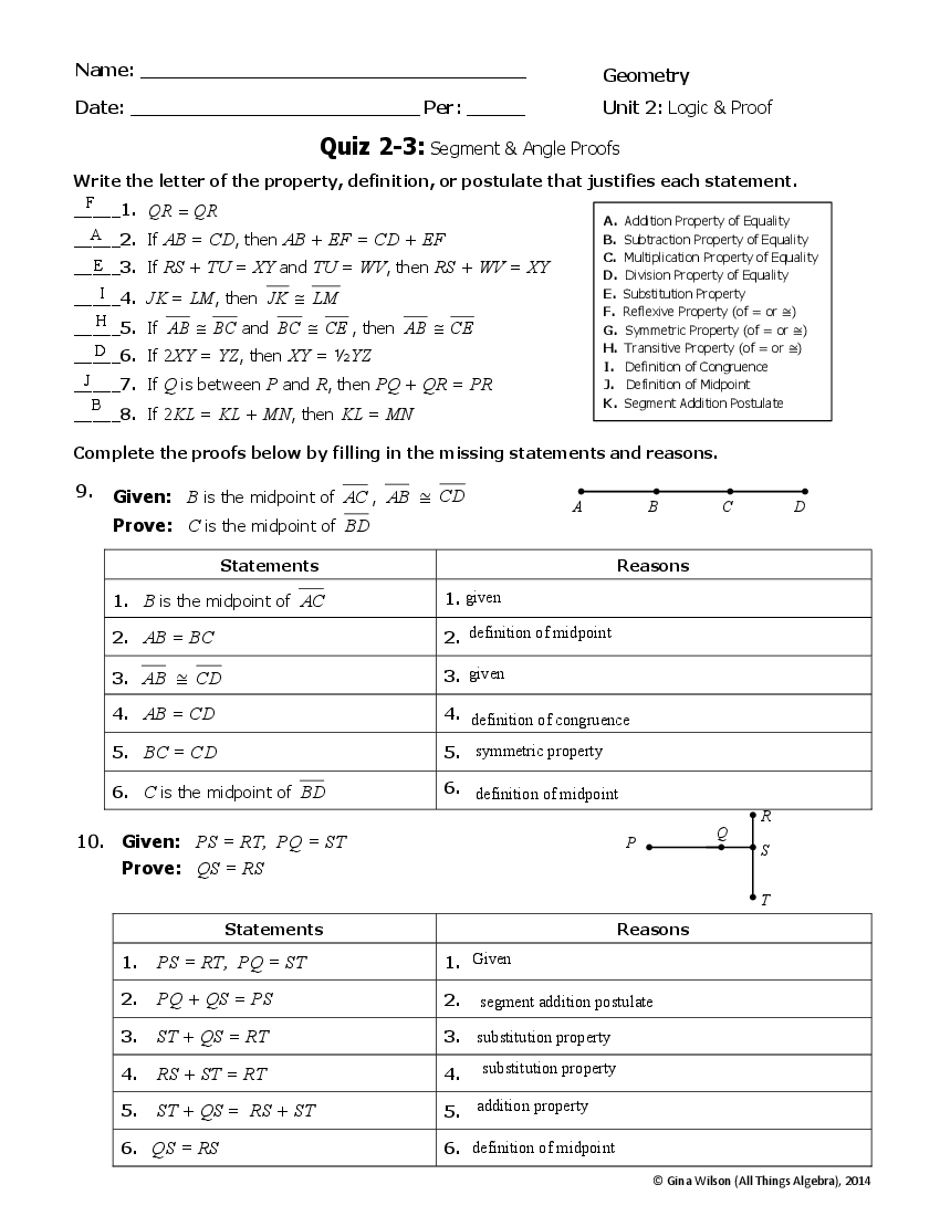 Algebra Proofs Worksheet Answer Key