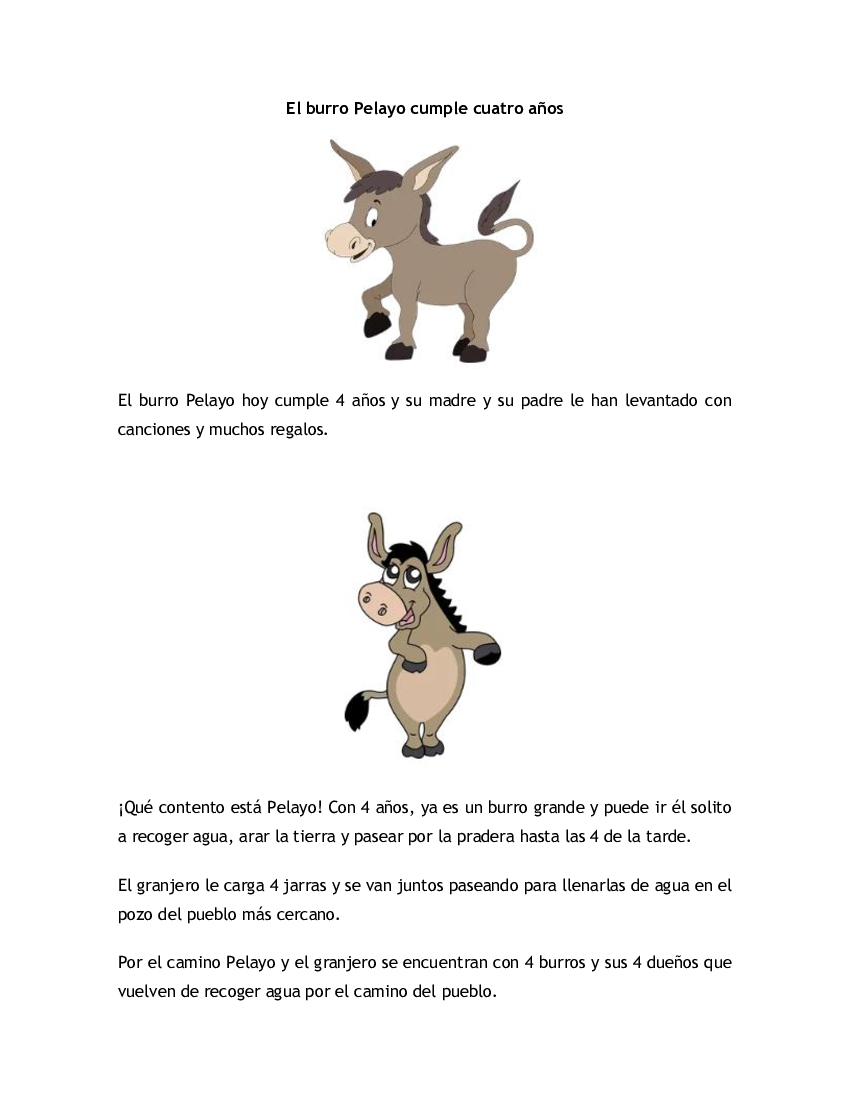 CUENTO DEL NÚMERO 4 - El burro Pelayo cumple 4 años - Cuentos y Recetas