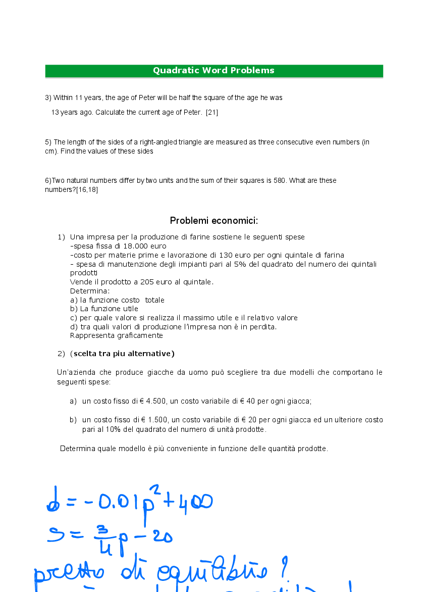 Quadratic Equations Word Problems Worksheet