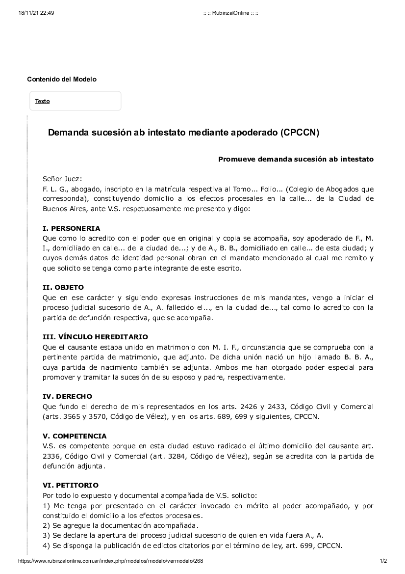 Promueve demanda sucesión ab intestato mediante apoderado CPCCN - pdf  