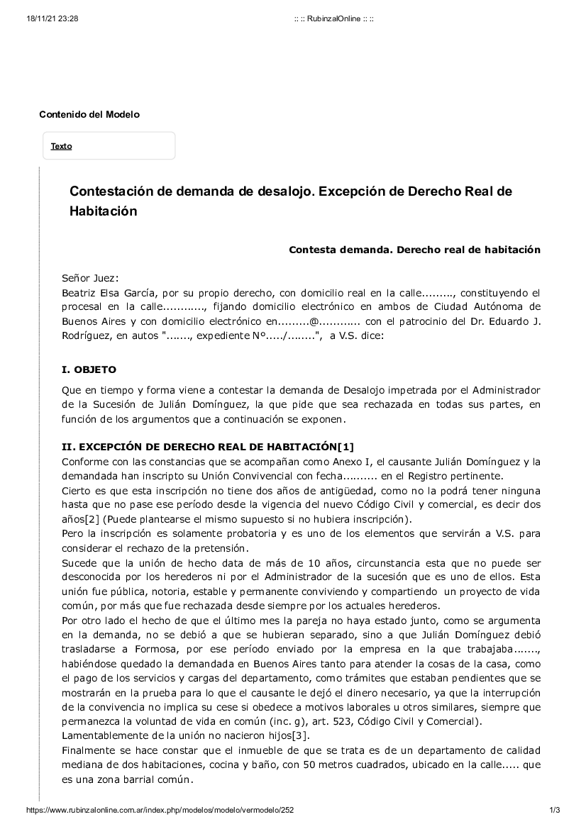 Contestación de demanda de desalojo. Excepción de Derecho Real de  Habitación - pdf 