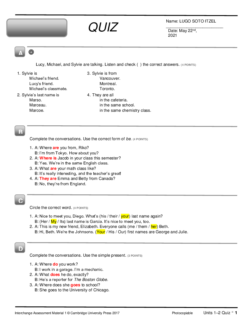 INTERCHANGE INTRO QUIZ UNIT AND ESL Worksheet By