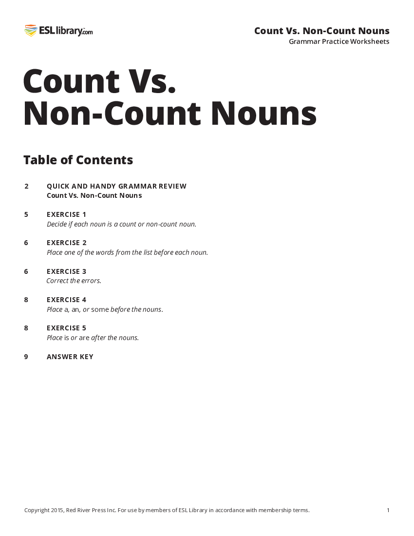 count and noncount nouns exercises with answers