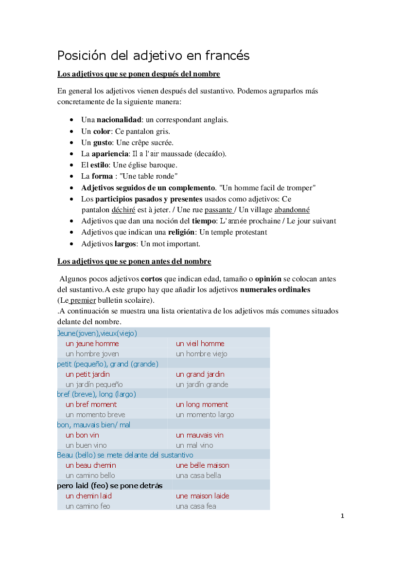 Posicion Del Adjetivo En Frances Pdf Docer Com Ar