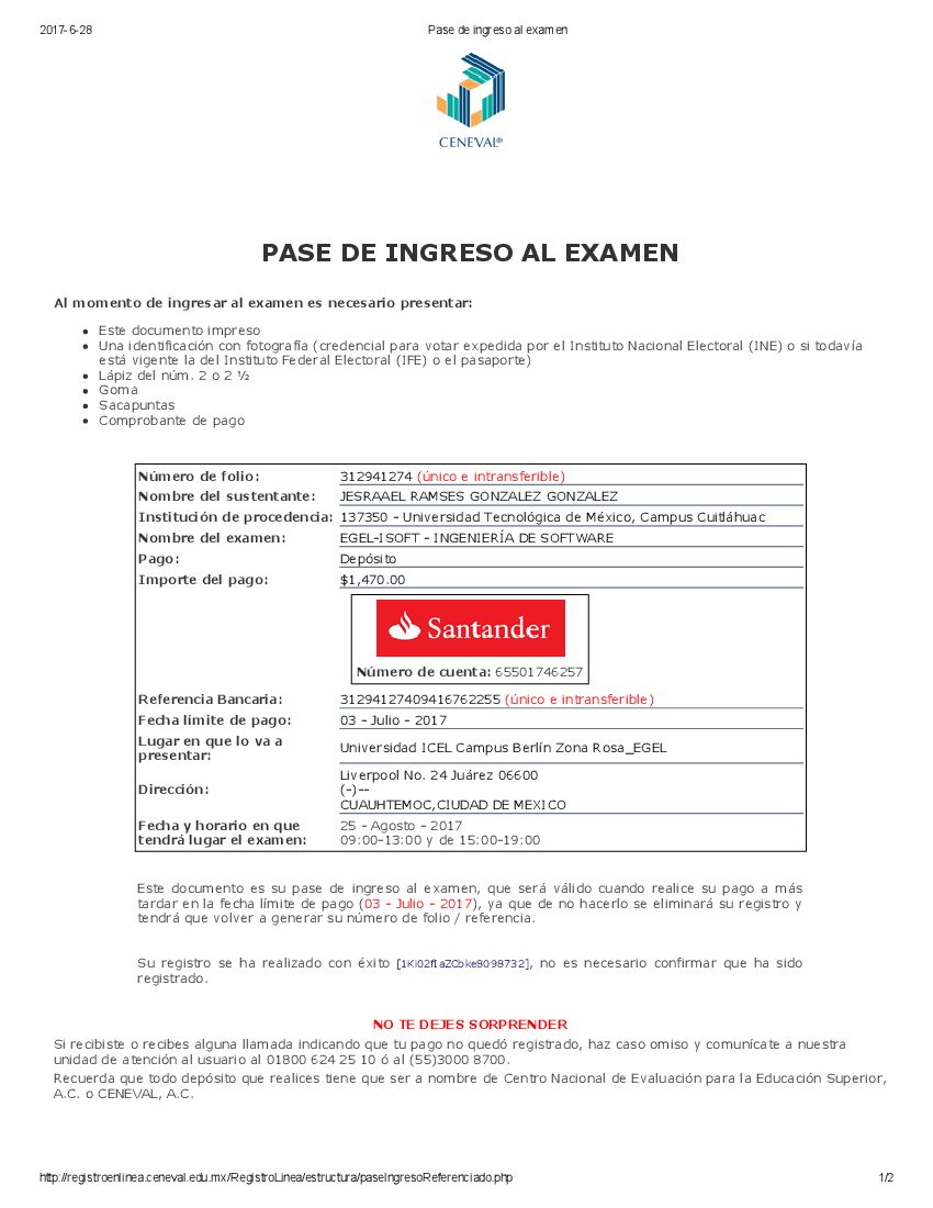 Pase de ingreso al examen pdf