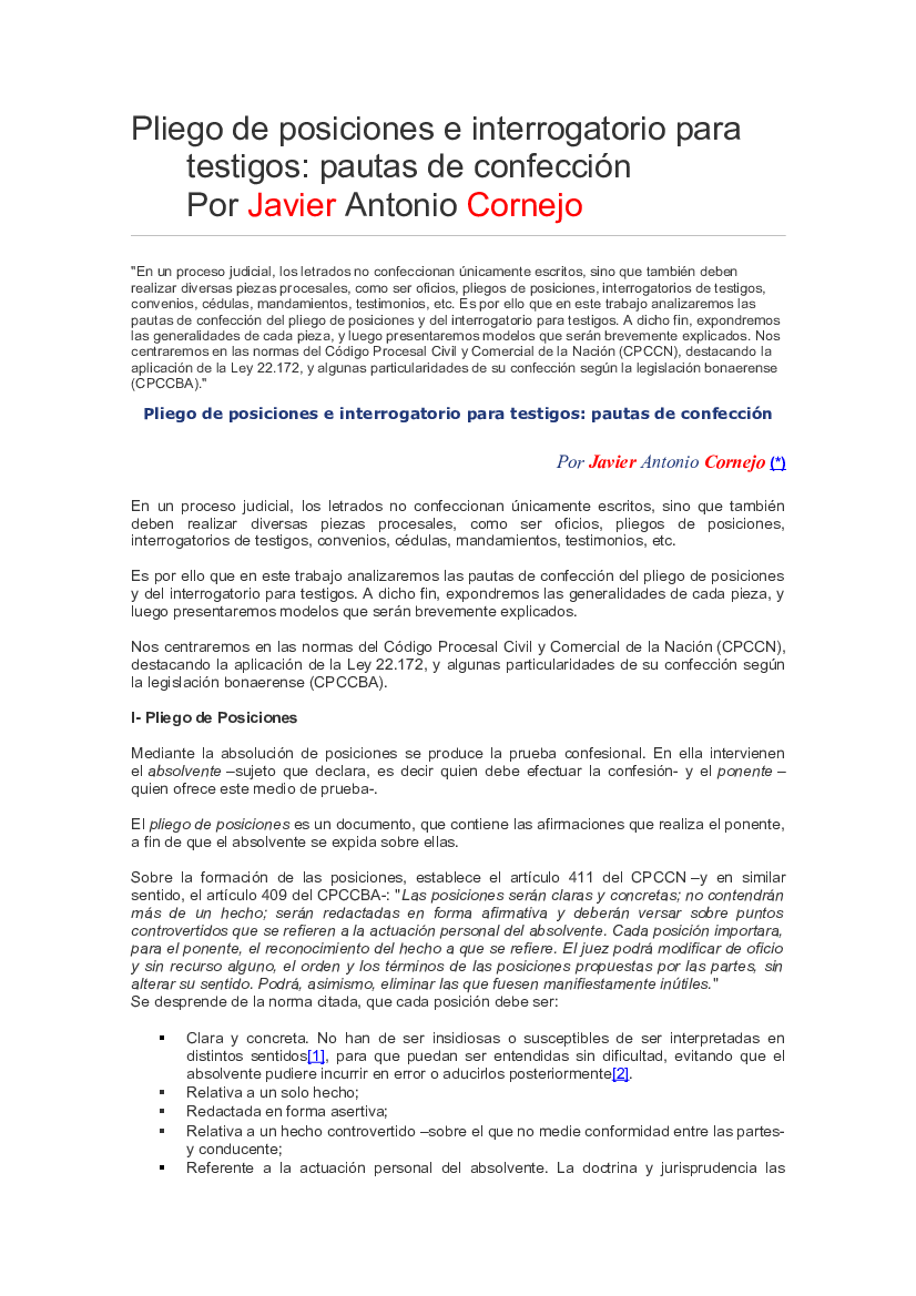 1. Pliego de Posiciones e Interrogatorio Para Testigos pautas de confección  - Cornejo - pdf 