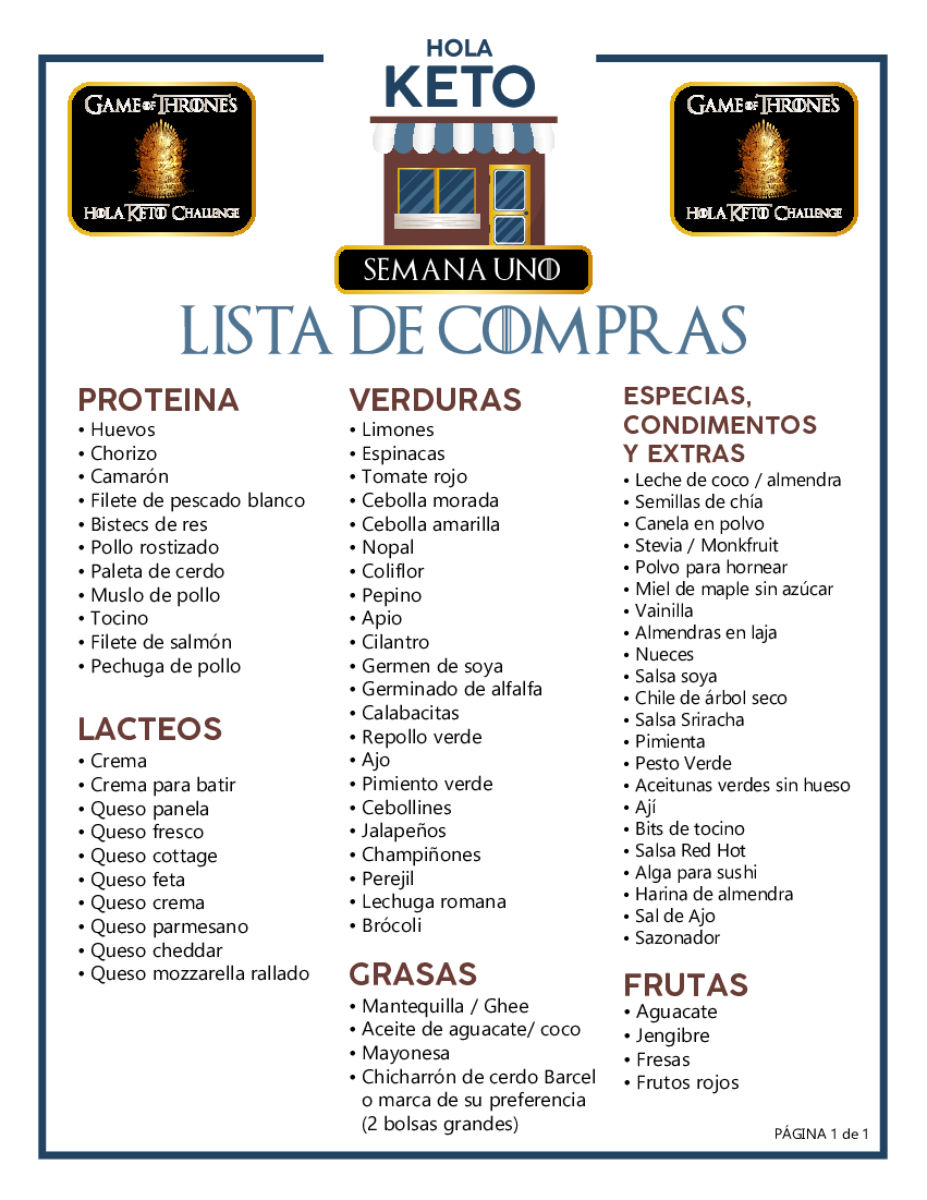 LISTA DE COMPRAS - S1 - Game of Thrones Hola Keto Challenge - pdf  