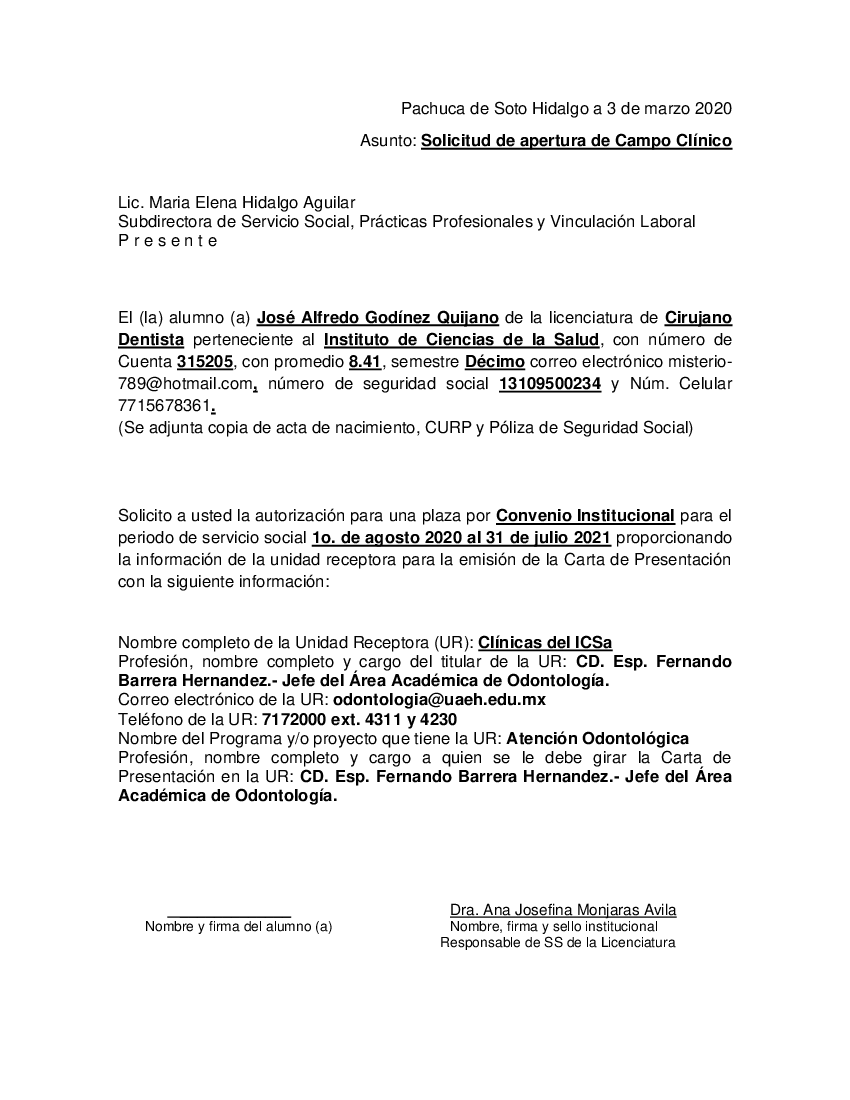 Formato Solicitud de campo Clinico Cirujano Dentista Convenios  Institucionales - pdf 